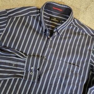Bugatchi Uomo Mens Stripe Classic Fit Button Down Shirt Size XL Navy Blue Cotton